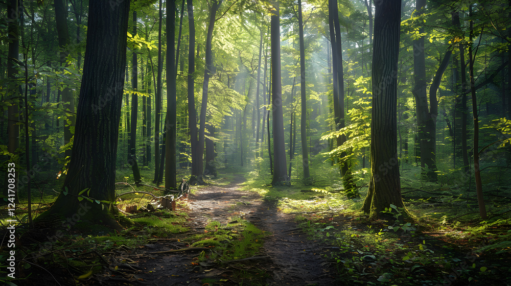 Obraz premium Serene Forest with Morning Sunlight: A Peaceful Haven for Mindfulness and Relaxation