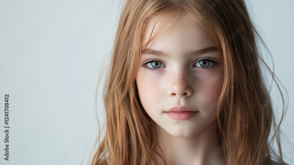 Portrait of a girl with long wavy auburn hair and striking blue eyes on a clean white backdrop showcasing fresh beauty and innocence in natural lighting. Portrait of a girl with long wavy auburn hair and striking blue eyes on a clean white backdrop showcasing fresh beauty and innocence in natural lighting.