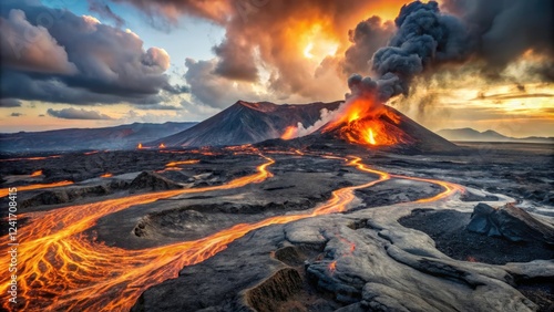 Distant volcanic landscape with lava flows and smoldering ash, rocky, lava, desolate, burning, mountain photo