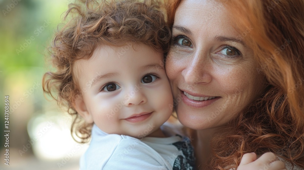 Joyful outdoor moment with mother and toddler boy, mother with ginger hair and boy with brown curly hair, warm sunlight and greenery backdrop. Joyful outdoor moment with mother and toddler boy, mother with ginger hair and boy with brown curly hair, warm sunlight and greenery backdrop.