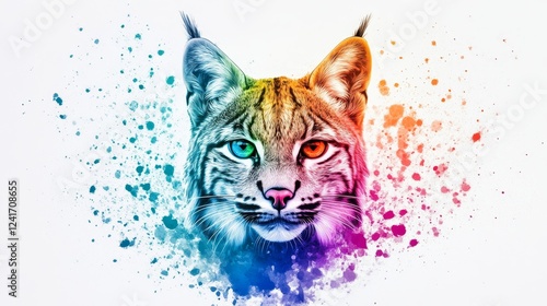 Colorful Lynx Portrait - A vibrant portrait of a lynx,  in a splash of rainbow colors against a white background.