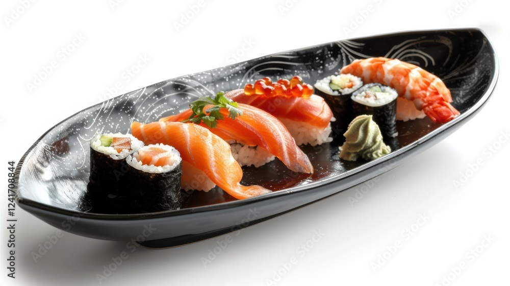 Detailed close-up of sushi varieties like dragon rolls, spicy tuna, and cucumber maki on a glossy black plate, set against a bright white background Detailed close-up of sushi varieties like dragon rolls, spicy tuna, and cucumber maki on a glossy black plate, set against a bright white background