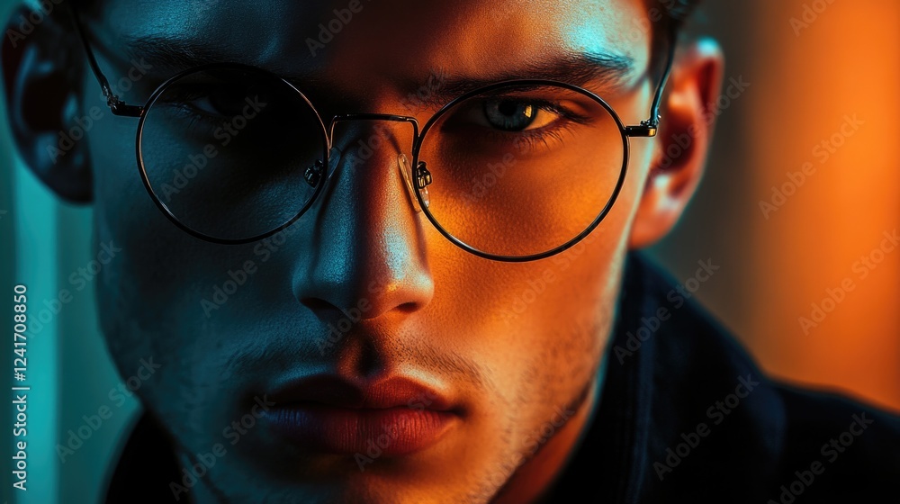 Close-up portrait of a striking young man with stylish round glasses, illuminated by warm blue and orange lighting, capturing modern men's beauty and fashion trends. Close-up portrait of a striking young man with stylish round glasses, illuminated by warm blue and orange lighting, capturing modern men's beauty and fashion trends.