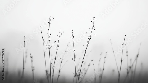 Winter plants, foggy field, monochrome nature, serene background, design use