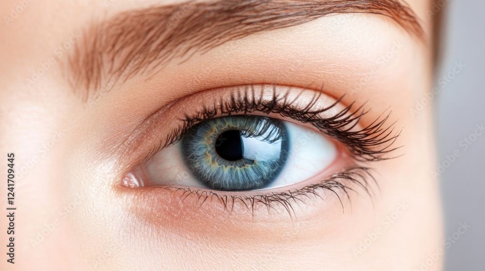 Close-up macro image of a young woman's blue eye with detailed eyelashes and natural skin tones highlighting the iris and pupil, soft lighting Close-up macro image of a young woman's blue eye with detailed eyelashes and natural skin tones highlighting the iris and pupil, soft lighting
