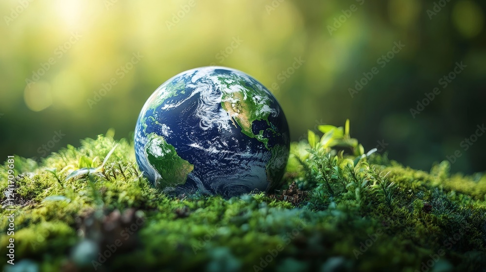 Earth on Mossy Ground - A small globe rests gently on a bed of vibrant green moss, symbolizing environmental preservation and ecological balance. Earth on Mossy Ground - A small globe rests gently on a bed of vibrant green moss, symbolizing environmental preservation and ecological balance.