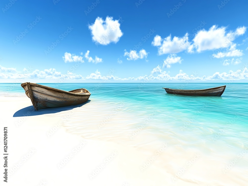 Naklejka premium Two rustic boats on a pristine beach, turquoise water, sunny sky. Tropical paradise.