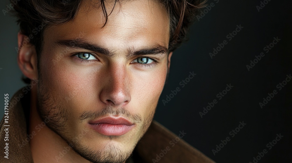 Intense close-up of a handsome young adult man with tousled dark hair and striking blue eyes wearing a stylish brown coat against a dark background. Intense close-up of a handsome young adult man with tousled dark hair and striking blue eyes wearing a stylish brown coat against a dark background.