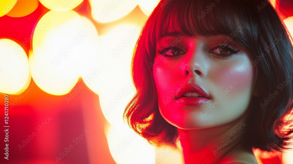Fototapeta premium A Woman with Short Dark Hair Poses in Red Light