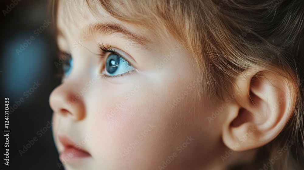 Close-up profile of a young child with blue eyes and light brown hair, showcasing delicate features and ear in natural lighting background. Close-up profile of a young child with blue eyes and light brown hair, showcasing delicate features and ear in natural lighting background.