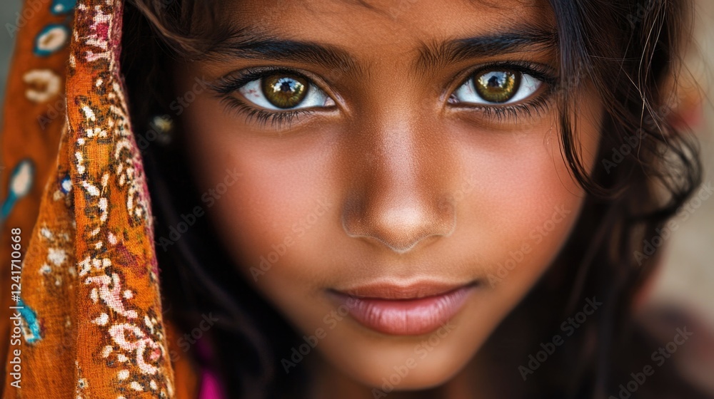 Fototapeta premium Captivating portrait of a young girl with deep brown skin and large expressive eyes, adorned with a vibrant orange scarf. Close-up shot highlighting facial features and natural beauty.