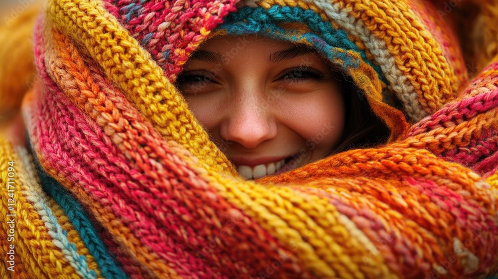 Smiling young woman wrapped in vibrant multicolored knitted scarf enjoying a cool autumn day with warmth and comfort in outdoor setting Smiling young woman wrapped in vibrant multicolored knitted scarf enjoying a cool autumn day with warmth and comfort in outdoor setting
