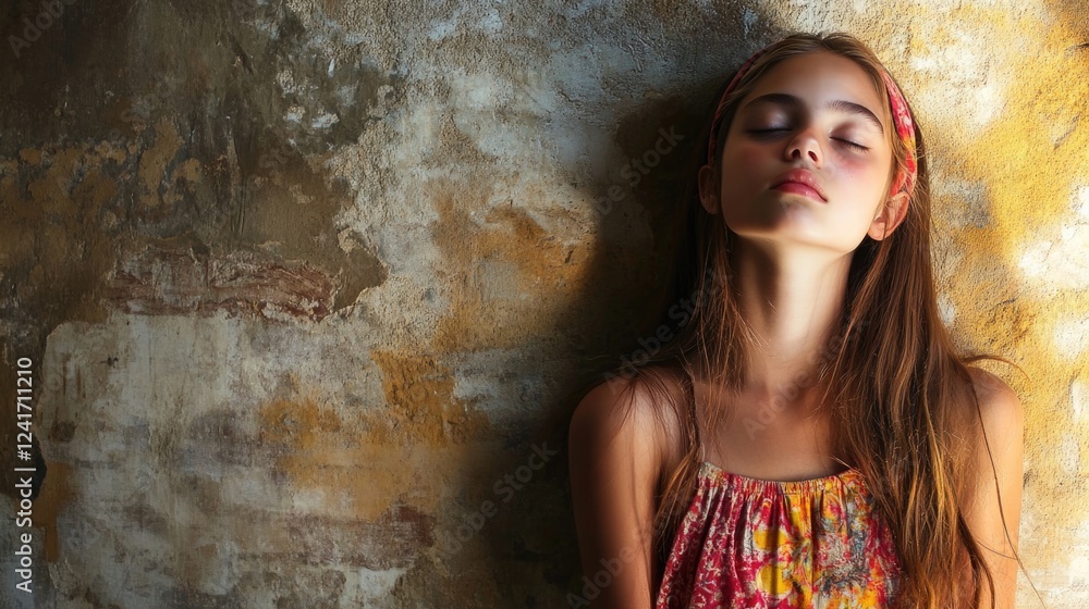 Fototapeta premium Young girl with closed eyes leaning against a textured beige wall wearing a colorful dress, illuminated by soft natural light, capturing serenity and beauty.