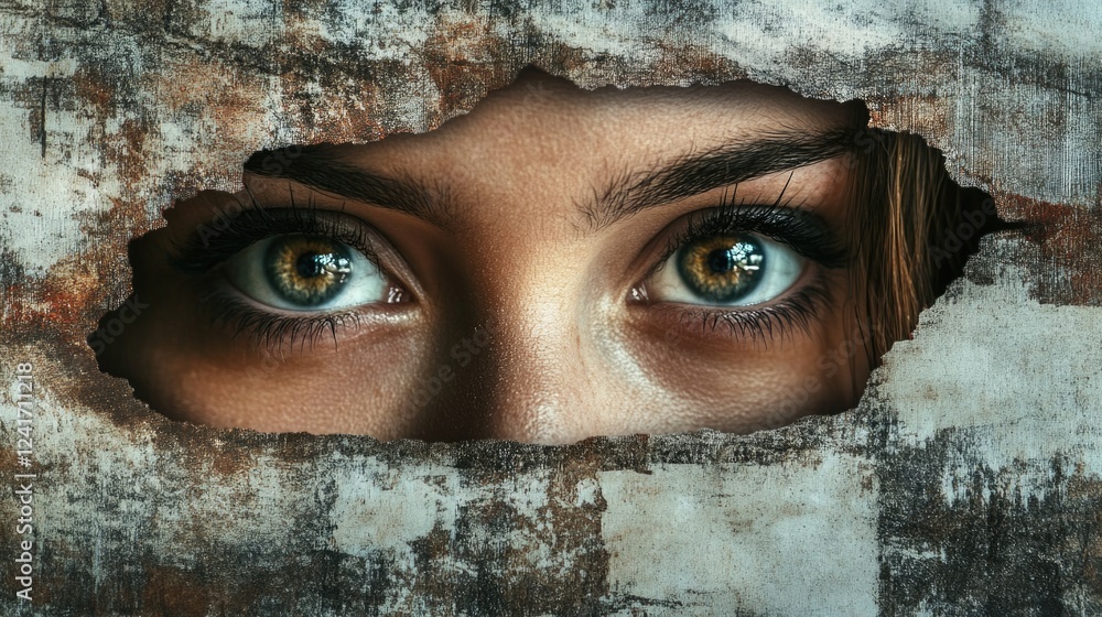 Φωτογραφία Close-up of a woman's eyes peering through a weathered hole in a rusty metal banner showcasing mixed media texture and depth