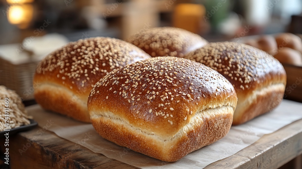 Sesame loaves bakery display, rustic kitchen Sesame loaves bakery display, rustic kitchen