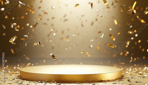 A celebratory scene featuring a round, gold-colored podium surrounded by a shower of golden confetti