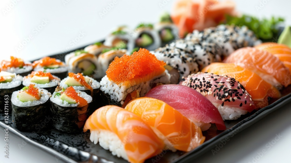 Detailed close-up of sushi varieties like dragon rolls, spicy tuna, and cucumber maki on a glossy black plate, set against a bright white background Detailed close-up of sushi varieties like dragon rolls, spicy tuna, and cucumber maki on a glossy black plate, set against a bright white background