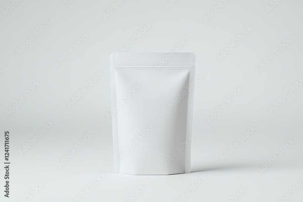 stylish design of stand-up pouch in matte white placed upright on flat white background with soft light and copy space stylish design of stand-up pouch in matte white placed upright on flat white background with soft light and copy space