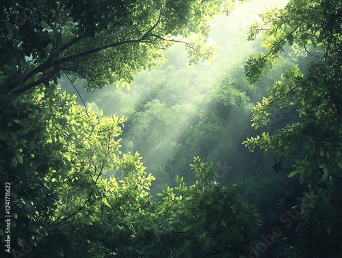 Sunbeams pierce a lush, vibrant jungle canopy.  Tropical foliage and mystery abound.