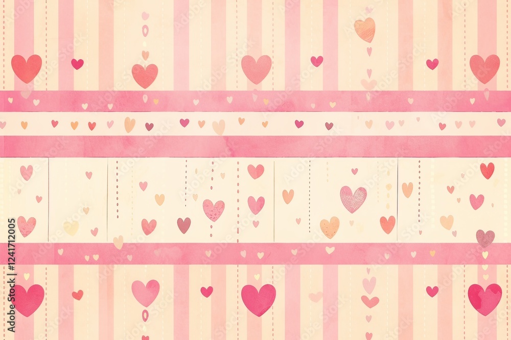  Seamless pattern with pastel pink and yellow stripes, adorned with delicate hearts along the borders