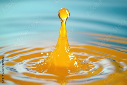 A single drop of yellow liquid sits in a blue bowl, awaiting further action photo