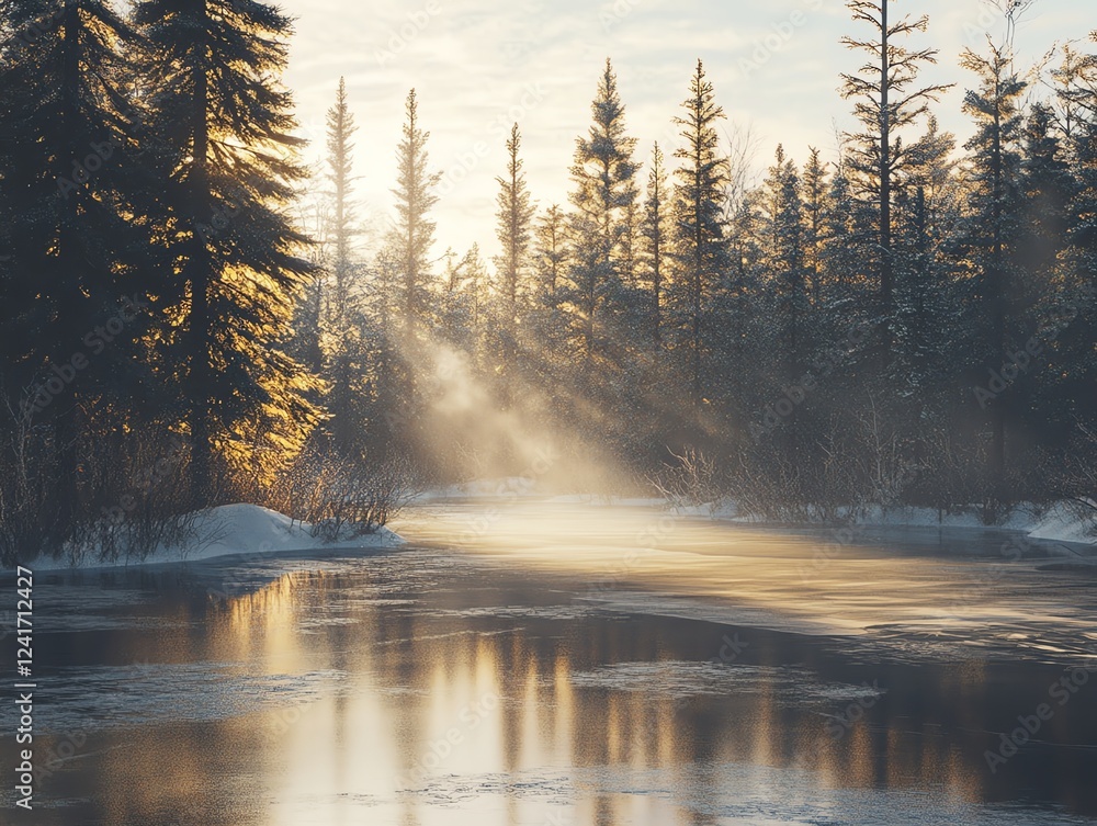 Fototapeta premium Serene winter sunrise over a frozen river, sunbeams illuminating snow-covered pines.