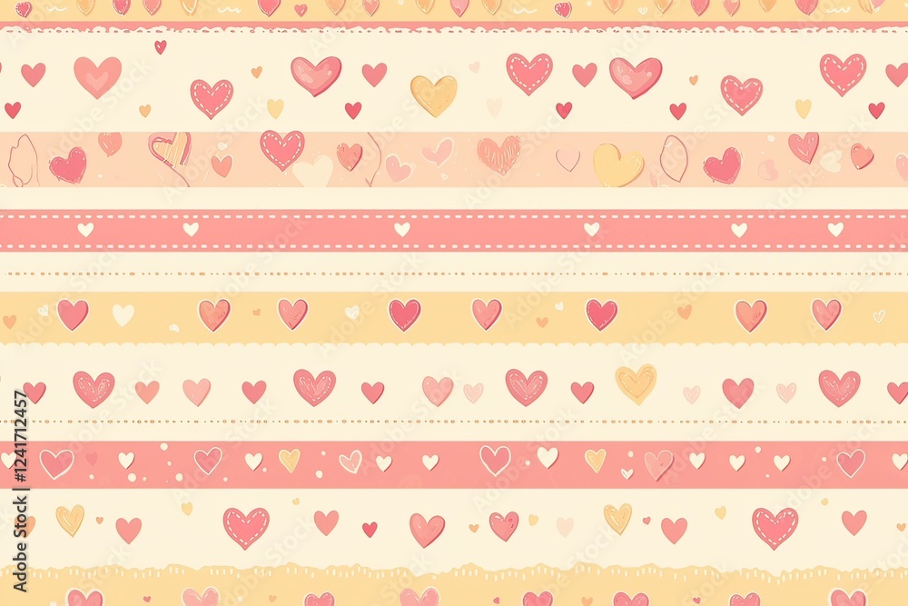 Seamless pattern with pastel pink and yellow stripes, adorned with delicate hearts along the borders Seamless pattern with pastel pink and yellow stripes, adorned with delicate hearts along the borders