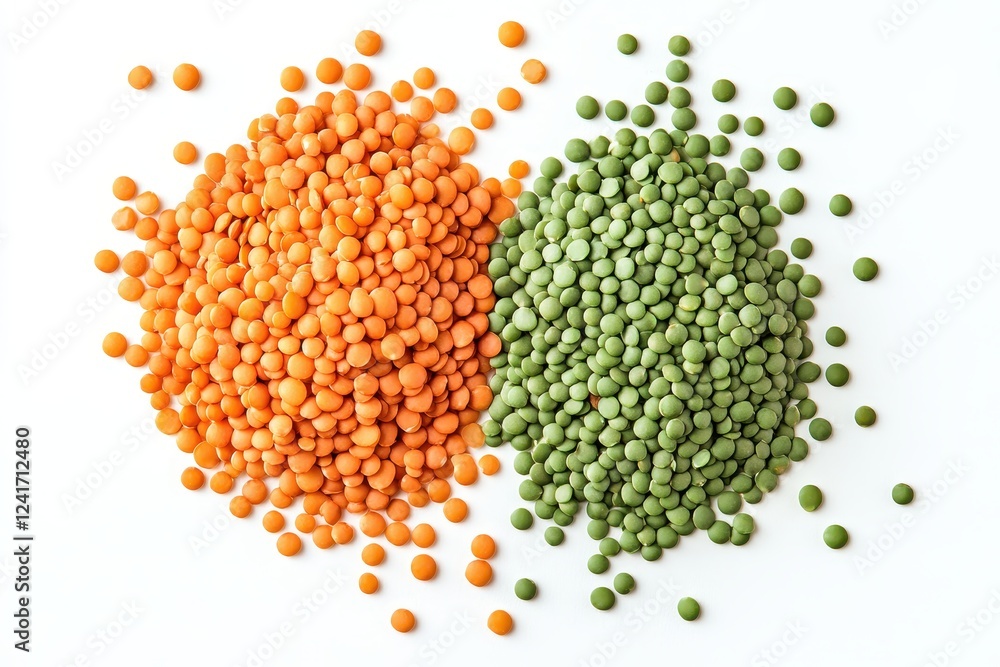 Pile raw red and green lentils isolated on white background Pile raw red and green lentils isolated on white background