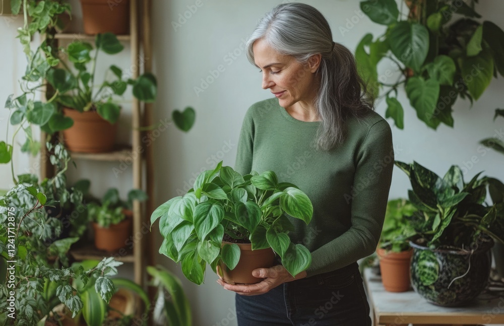 Senior woman holding pothos plant in cozy indoor garden space Senior woman holding pothos plant in cozy indoor garden space