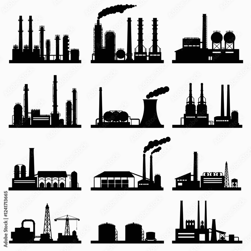 Obraz premium Factory, power plant industrial icons. Factory, power plant, oil refinery and oil processing plant industrial icon. Transparent PNG version.