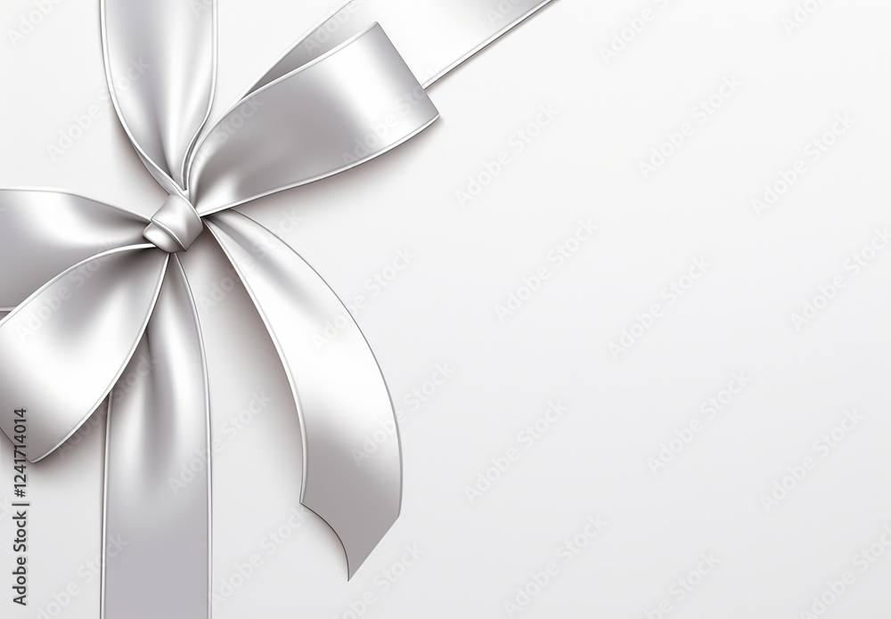 Naklejka premium Silver ribbon and bow on the left side of an empty white gift card