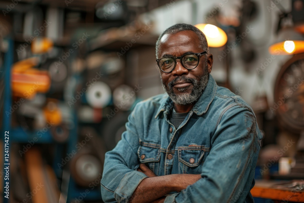 Fototapeta premium Smiling man in denim jacket and glasses standing in workshop with clock