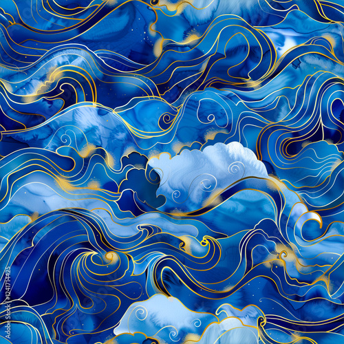 Seamless pattern design, wave pattern, alcohol ink texture, blue with gold line.