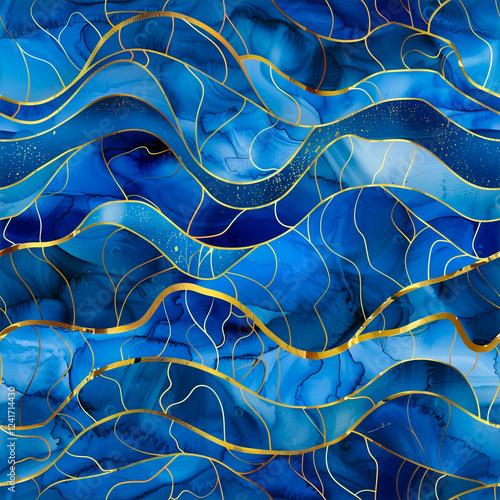 Seamless pattern design, wave pattern, alcohol ink texture, blue with gold line.