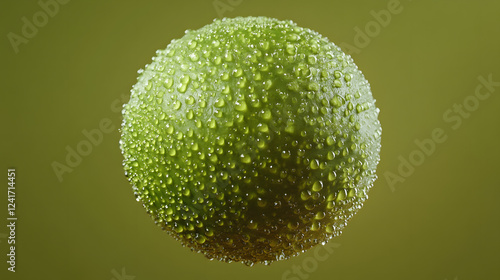 Captivating Macro Shot of a Full Lime Suspended in Air with Soft Lighting Against a Solid Color Background photo