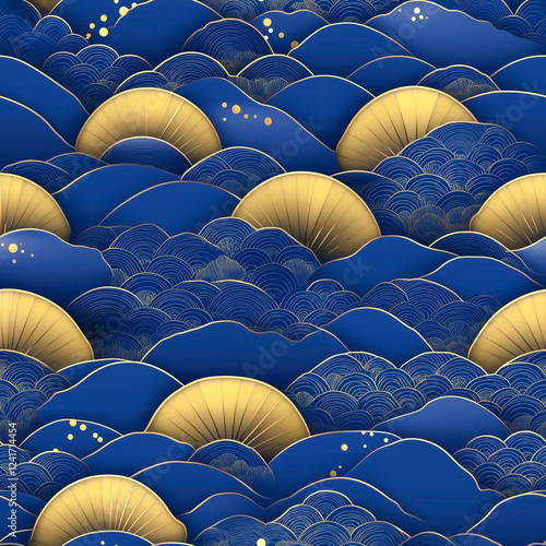 Seamless pattern design, Japanese wave pattern, blue with gold elements and lines