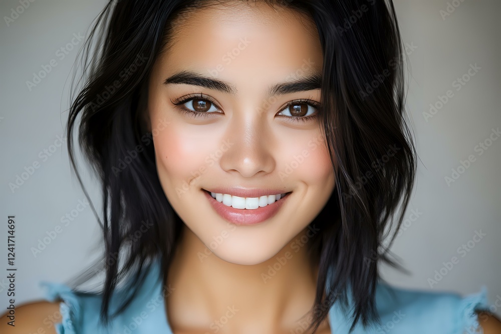 Young Asian woman with bright genuine smile and natural makeup wearing casual blue top against light background, closeup portrait with soft lighting. Young Asian woman with bright genuine smile and natural makeup wearing casual blue top against light background, closeup portrait with soft lighting.