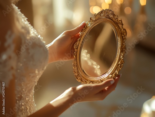 Elegant bride holding ornate gold hand mirror.  Golden light, luxurious feel.