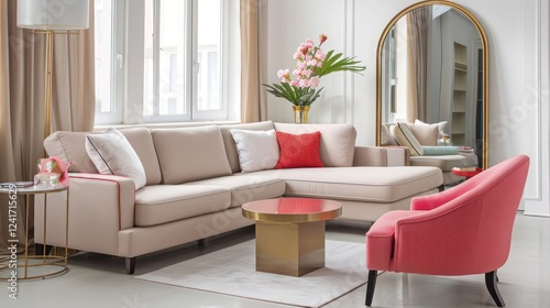 Sophisticated Living Room Decor with Beige Sectional Sofa and Bright Deep Pink Accent Chair, Coral Coffee Table, and Gold Floor Mirror - Elegant Interior Design Concept.
