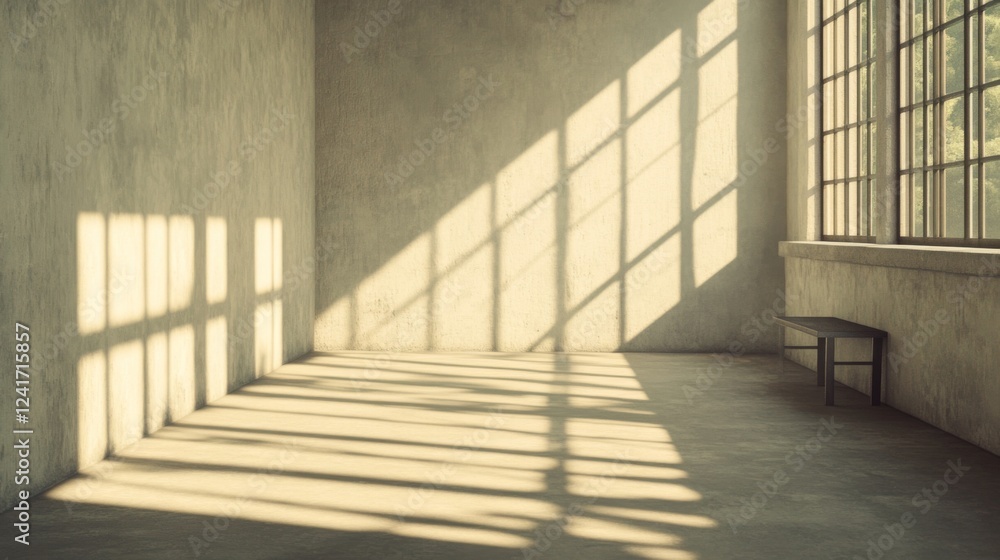 Fototapeta premium Sunlight streams into empty industrial room; bench; interior design