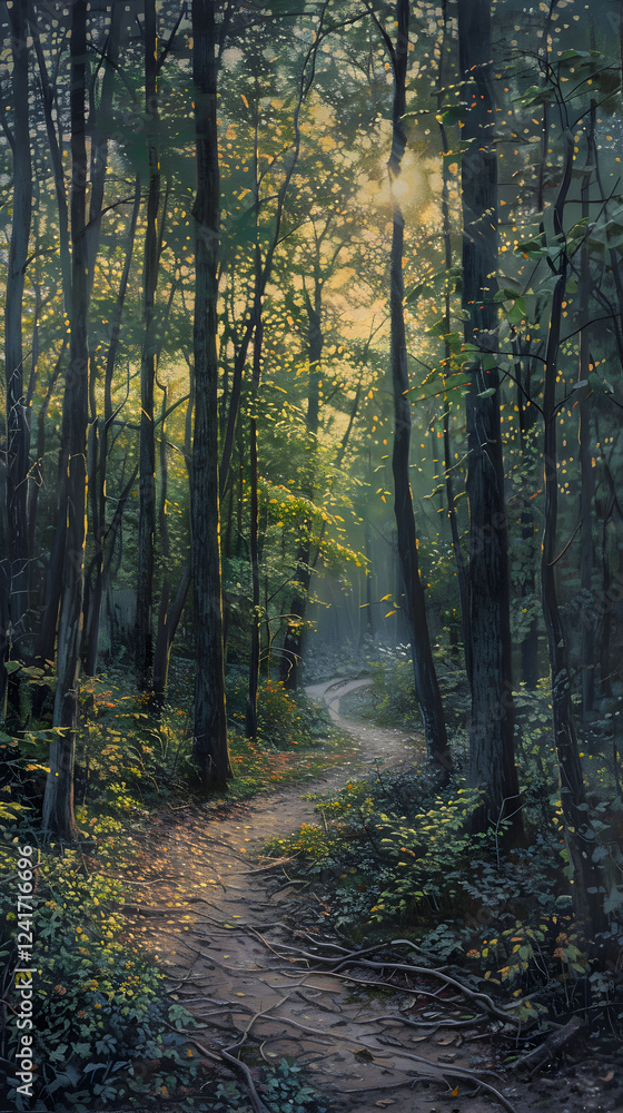 Obraz premium Serene Forest with Morning Sunlight: A Peaceful Haven for Mindfulness and Relaxation