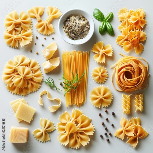 Wallpaper Mural Detailed close-up of various pasta shapes including macaroni, spaghetti, and penne on a white background Torontodigital.ca