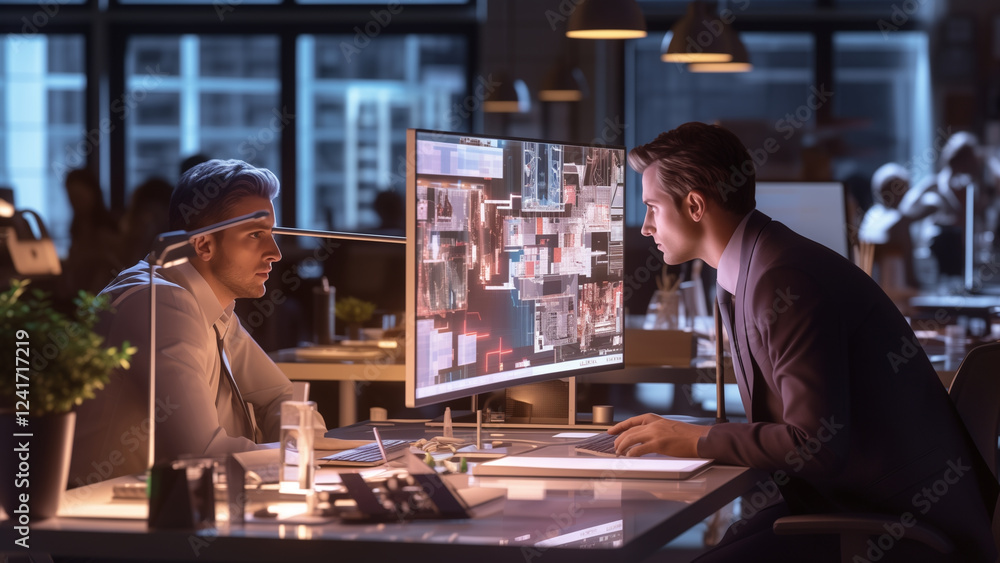 Focused Professional Analyzing Data on Multiple Screens in High-Tech Office Focused Professional Analyzing Data on Multiple Screens in High-Tech Office
