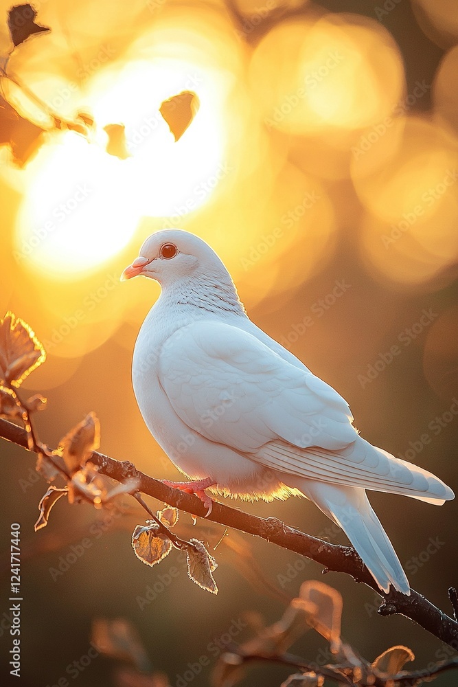 A white bird perched on a tree branch, silhouetted against the sunset behind it A white bird perched on a tree branch, silhouetted against the sunset behind it