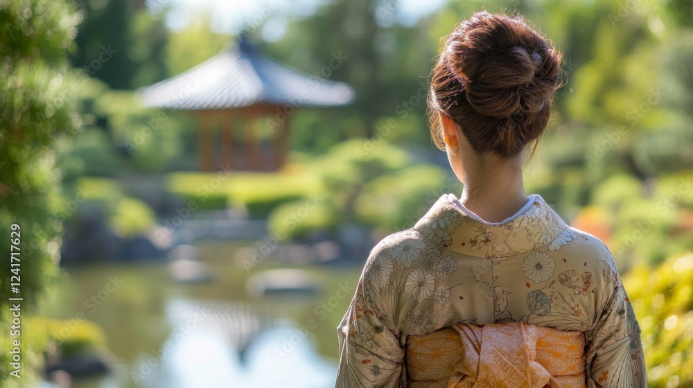 Woman in Kimono Contemplates Serene Garden Scene Woman in Kimono Contemplates Serene Garden Scene