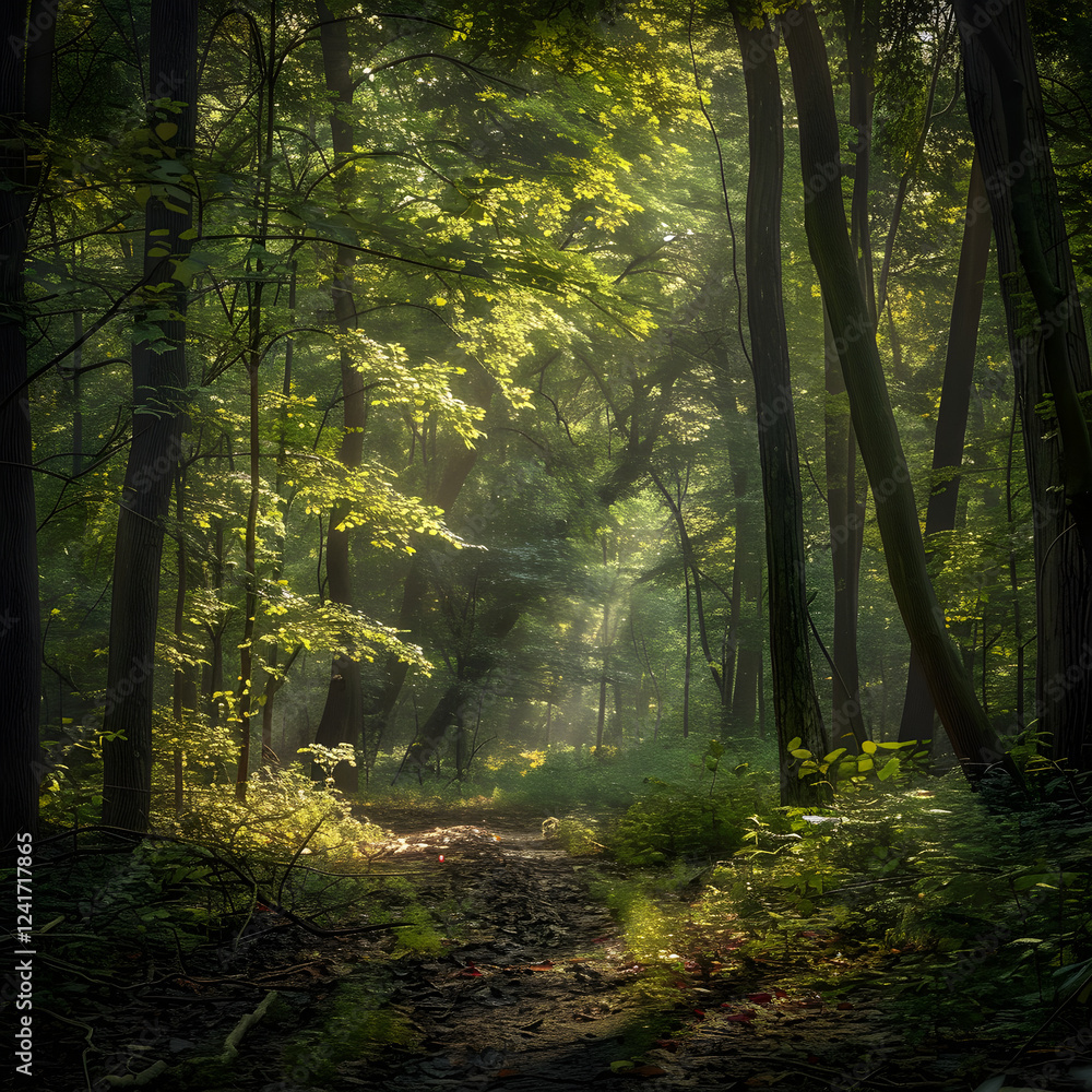 Fototapeta premium Serene Forest with Morning Sunlight: A Peaceful Haven for Mindfulness and Relaxation