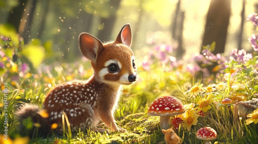 Fototapeta premium Adorable Baby Deer in a Spring Forest Meadow