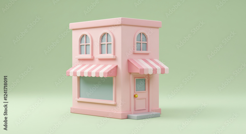 A charming 2D & 3D illustration of a small pink store building, set against a pastel-colored background, featuring a cute, minimalist, and inviting aesthetic. A charming 2D & 3D illustration of a small pink store building, set against a pastel-colored background, featuring a cute, minimalist, and inviting aesthetic.