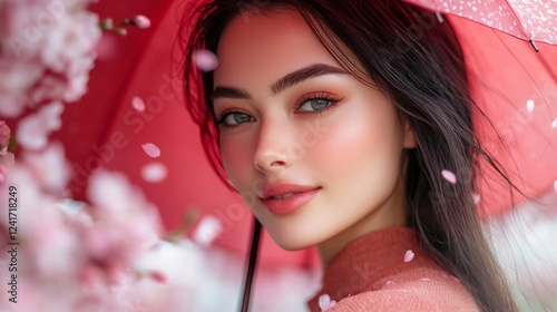 Young Woman Under Red Umbrella With Pink Blossoms photo