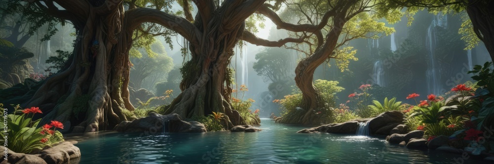 Fototapeta premium Exotic flowers and vines entwine ancient tree trunks, providing a canopy for a secluded waterfall cascading into a tranquil pool , trees, jungle, scenery